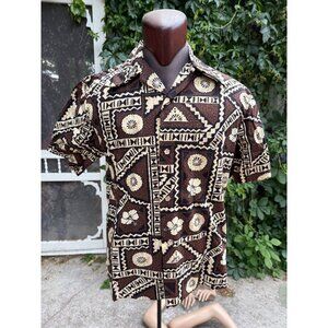 60s Ui-Maikai Hawaiian Shirt 100% Cotton Brown Ivory Match Pocket Aloha Tiki Che